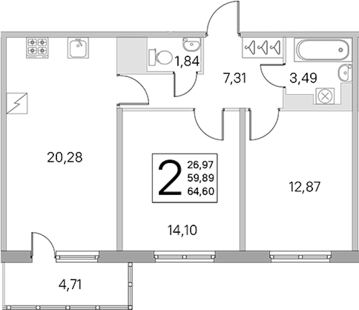 2-комнатная квартира 59.89 м², 4/5 эт., ЖК «ЮгТаун. Олимпийские кварталы»